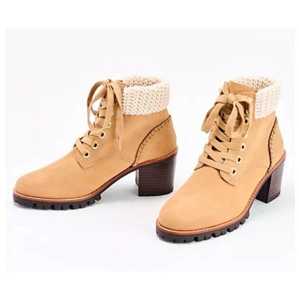New Jack Rogers Harper Suede Lace Up Hiker Knit Block Heel Boots Wheat Size 11M